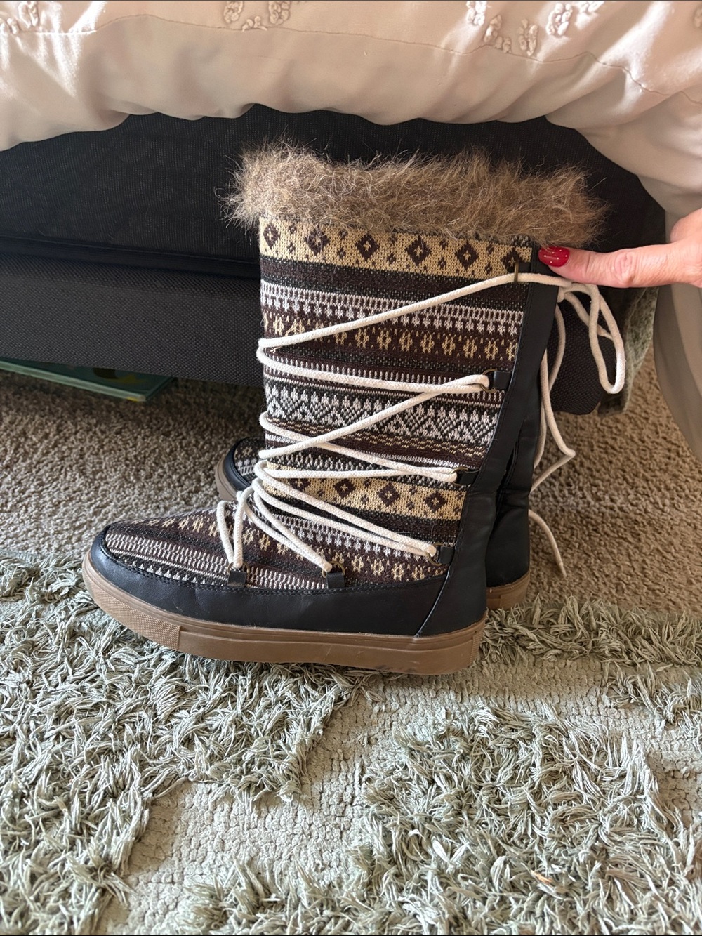 JustFab Brown Patterned Faux-Fur Trim Lace-Up Winter Boots